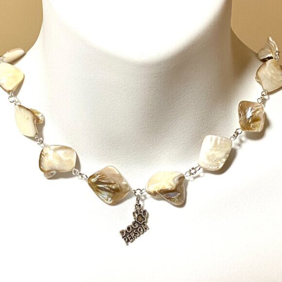 Irregular Mother of Pearl Shell Beads + Dog Person Paw Print Pendant Necklace - Picture 2 of 12